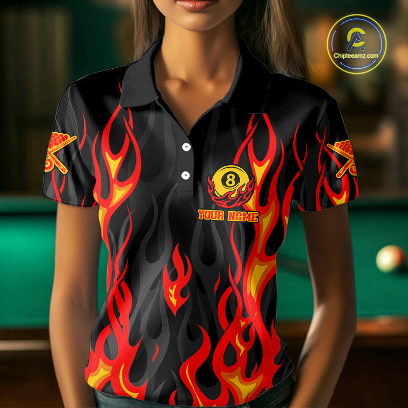 Fire Flame 8 Ball Pool Women Billiard Polo & 1/4-Zip Attire Custom Red Billiard Shirt Designs NYN2412