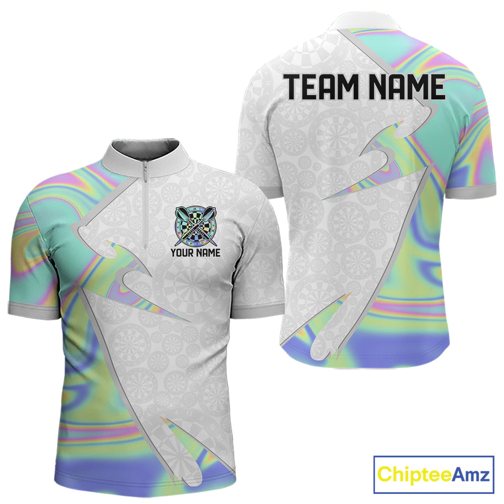 Personalized Green Blue Holographic Dartboard Pattern Men Darts Polo & 1/4-Zip Shirts Dart Team Jerseys NYN2812