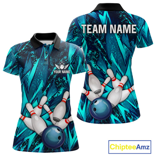 Strike Bowling Ball & Pins Grunge Cyan Women Bowling Shirts Personalized Bowling Team Outfits NYN3189