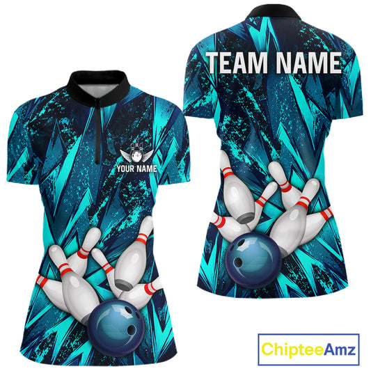 Strike Bowling Ball & Pins Grunge Cyan Women Bowling Shirts Personalized Bowling Team Outfits NYN3189