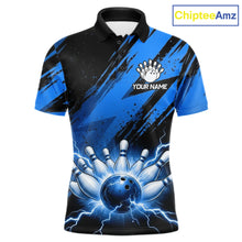 Load image into Gallery viewer, Thunder lightning bowling polo quarter zip shirt for men blue stripes bowling jersey