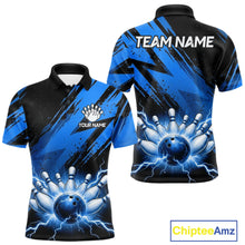 Load image into Gallery viewer, Thunder lightning bowling polo quarter zip shirt for men blue stripes bowling jersey