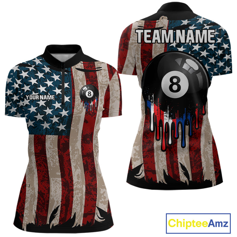 American Flag Retro Womens Billiard Pool Shirt Custom 8 Ball Dripping Patriot Billiards Team Jerseys NYN4018