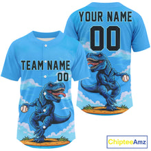 Load image into Gallery viewer, Custom Blue Dinosaur Baseball Shirt For Men Outfits Button Up Baseball Jerseys NYN1351