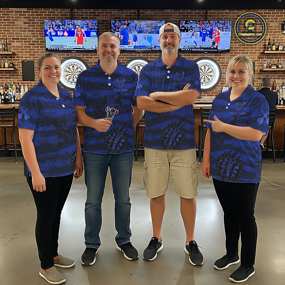 Custom Blue Grunge Wolf Torn Dartboard Women Darts Polo Shirt Wolf Dart League Jerseys NYN2168