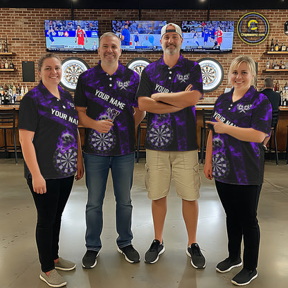 Custom Black & Purple Flaming Skull Darts Polo Shirt For Men Skull Dart League Jerseys NYN2170