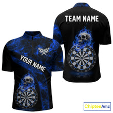 Load image into Gallery viewer, Custom Black &amp; Blue Flaming Skull Darts Quarter-Zip Shirt For Men Skull Dart League Jerseys NYN2171
