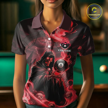 Grim Reaper Red Flames 8 Ball Pool Women Polo & 1/4-Zip Shirt Personalized Skull Billiard Gifts NYN2433