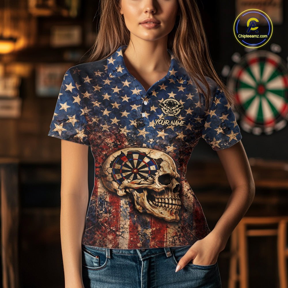 US Flag Retro Cracked Skull Dartboard Men Darts Quarter-Zip Shirt Custom Patriotic Vintage Dart Shirt NYN2660