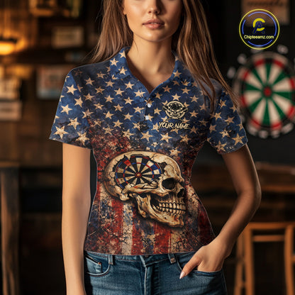 US Flag Retro Cracked Skull Dartboard Men Darts Quarter-Zip Shirt Custom Patriotic Vintage Dart Shirt NYN2660