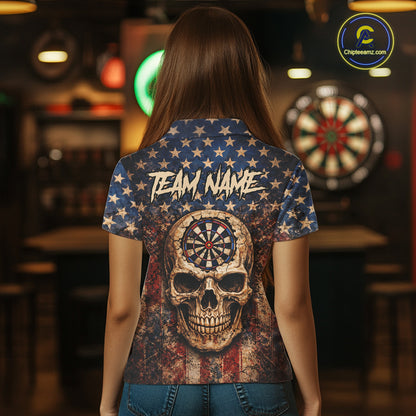 US Flag Retro Cracked Skull Dartboard Men Darts Quarter-Zip Shirt Custom Patriotic Vintage Dart Shirt NYN2660