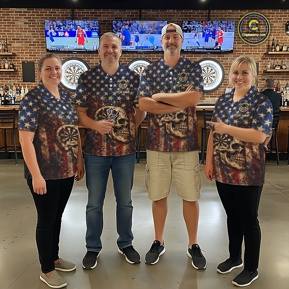 US Flag Retro Cracked Skull Dartboard Men Darts Polo Shirt Custom Patriotic Vintage Dart Shirt NYN2660