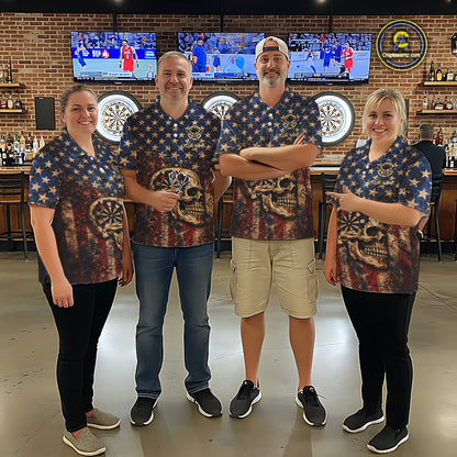 US Flag Retro Cracked Skull Dartboard Men Darts Polo Shirt Custom Patriotic Vintage Dart Shirt NYN2660