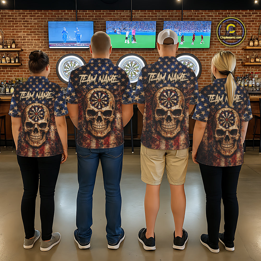 US Flag Retro Cracked Skull Dartboard Men Darts Polo Shirt Custom Patriotic Vintage Dart Shirt NYN2660