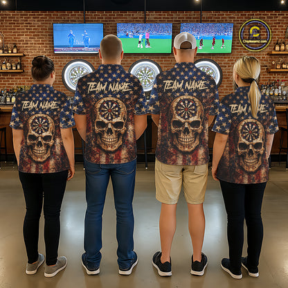 US Flag Retro Cracked Skull Dartboard Men Darts Polo Shirt Custom Patriotic Vintage Dart Shirt NYN2660