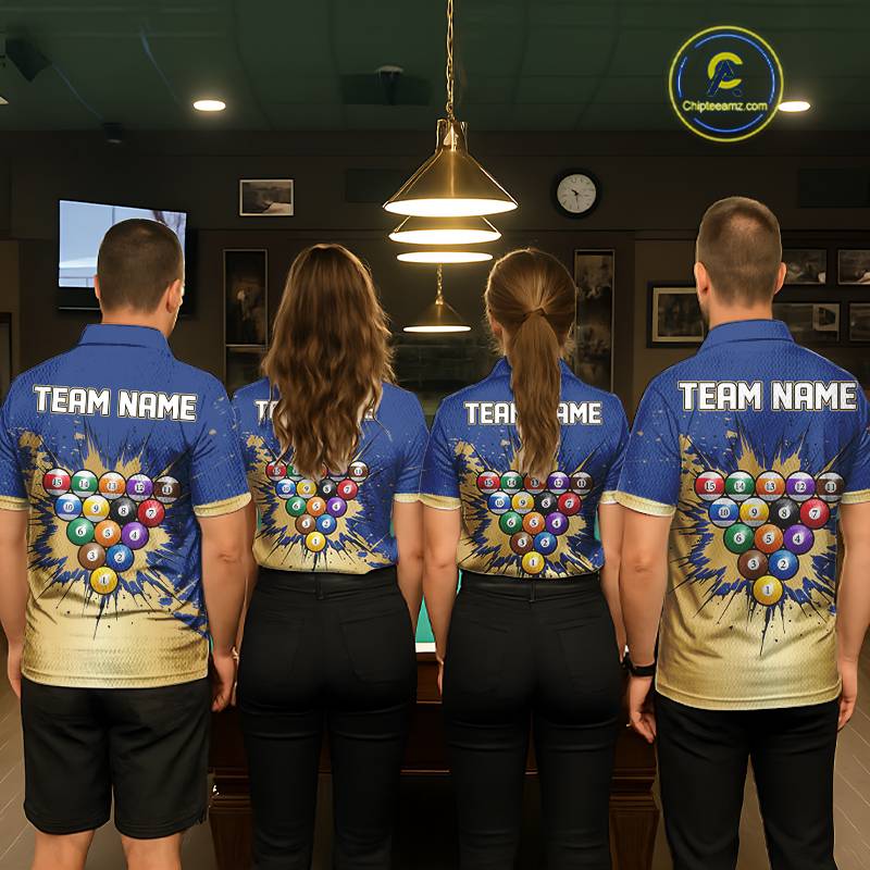 Gold Blue Splatter Billiard Custom Men Billiard Polo & 1/4-Zip Shirts Pool Billiard Team Jerseys NYN3013