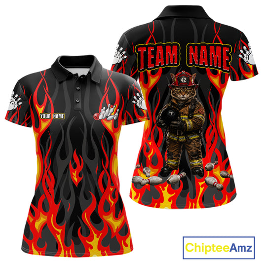 Personalized Funny Cat Firefighter Fire Flame Women Bowling Shirt Custom Team Shirts For Bowlers NYN3191