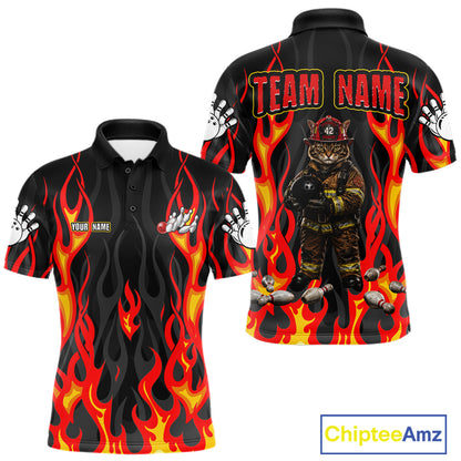 Personalized Funny Cat Firefighter Fire Flame Men Bowling Shirt Custom Team Shirts For Bowlers NYN3191