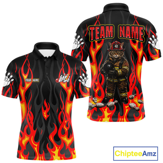 Personalized Funny Cat Firefighter Fire Flame Men Bowling Shirt Custom Team Shirts For Bowlers NYN3191