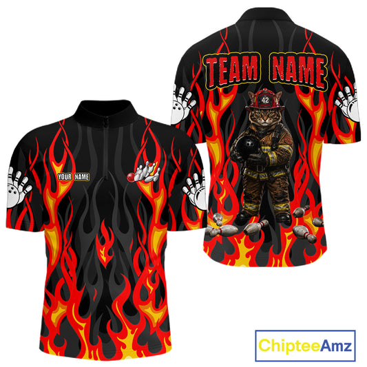 Personalized Funny Cat Firefighter Fire Flame Men Bowling Shirt Custom Team Shirts For Bowlers NYN3191