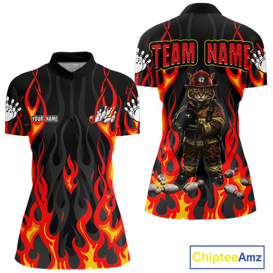 Personalized Funny Cat Firefighter Fire Flame Women Bowling Shirt Custom Team Shirts For Bowlers NYN3191