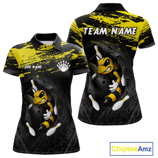 Custom Angry Bee Bowling Shirt Funny Bowling Team League Yellow Grunge Bowling Jersey For Women NYN3193