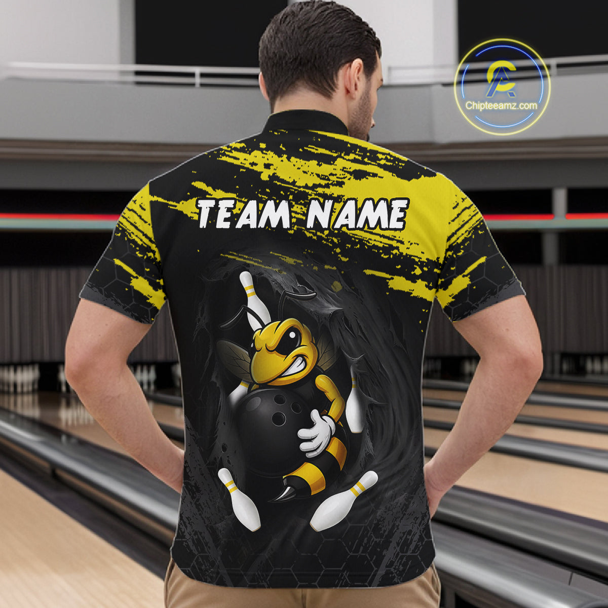 Custom Angry Bee Bowling Shirt Funny Bowling Team League Yellow Grunge Bowling Jersey For Men  NYN3193