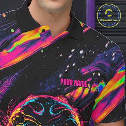 Custom Skull Holographic Bowling Shirt Bowling Team League Colorful Splatter Bowling Shirt For Men  NYN3194