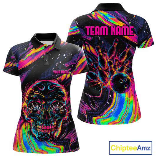 Custom Skull Holographic Bowling Shirt Bowling Team League Colorful Splatter Bowling Shirt For Women NYN3194