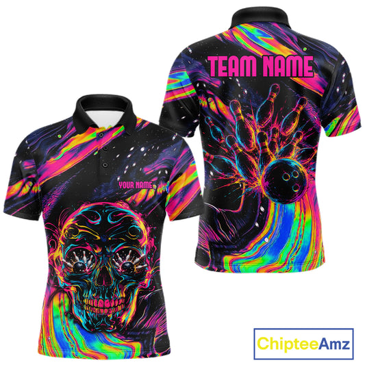 Custom Skull Holographic Bowling Shirt Bowling Team League Colorful Splatter Bowling Shirt For Men  NYN3194