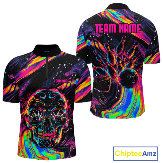 Custom Skull Holographic Bowling Shirt Bowling Team League Colorful Splatter Bowling Shirt For Men  NYN3194