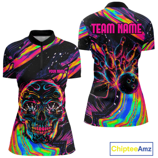 Custom Skull Holographic Bowling Shirt Bowling Team League Colorful Splatter Bowling Shirt For Women NYN3194