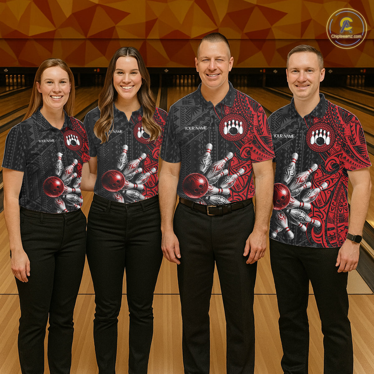 Red And Black Polynesian Tribal Bowling Ball & Pins Shirt For Women Custom Bowling Team Shirts Outfit NYN3201