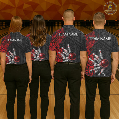 Red And Black Polynesian Tribal Bowling Ball & Pins Shirt For Women Custom Bowling Team Shirts Outfit NYN3201
