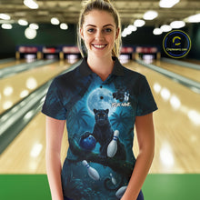 Load image into Gallery viewer, Woman wearing horror panther blue moon bowling shirt custom bowling apparel