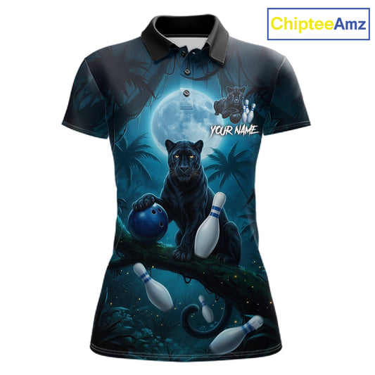 Women's horror panther blue moon bowling polo shirt custom bowling team jersey mockup
