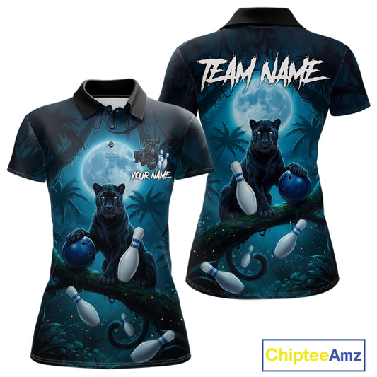 Women's horror panther blue moon bowling polo shirt custom bowling team jersey mockup