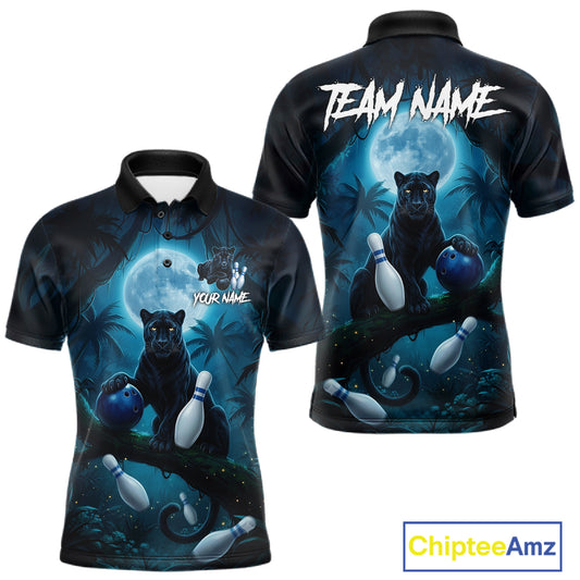 Men's horror panther blue moon bowling polo shirt custom bowling team jersey mockup