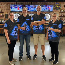 Load image into Gallery viewer, Dart team wearing Crazy Rabbit Fire Flame Blue Custom Jerseys, Professional Dart Tournament Uniforms