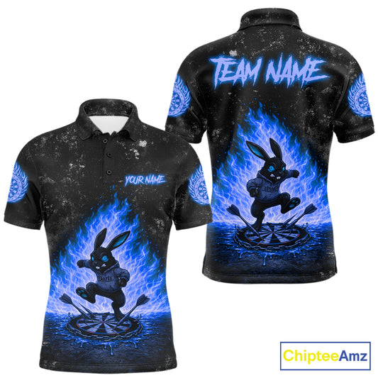 Crazy Rabbit Fire Flame Men's Darts Polo Shirt Mockup, Blue Dart League Jersey, Personalized Tournament Shirt