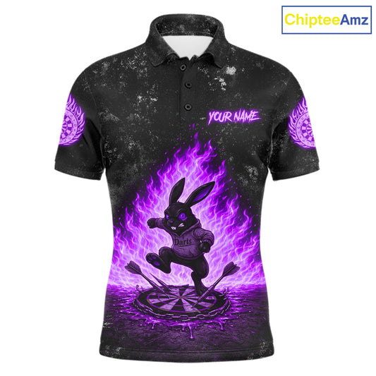 Crazy Rabbit Fire Flame Men's Darts Polo Shirt Mockup, Purple Dart League Jersey, Personalized Tournament Shirt