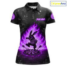 Load image into Gallery viewer, Crazy Rabbit Fire Flame Women's Darts Polo Shirt Mockup, Purple Custom Dartboard Tournament Jersey, Personalized Team Apparel