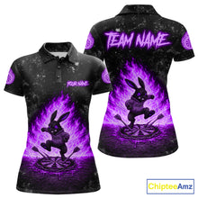 Load image into Gallery viewer, Crazy Rabbit Fire Flame Women's Darts Polo Shirt Mockup, Purple Custom Dartboard Tournament Jersey, Personalized Team Apparel