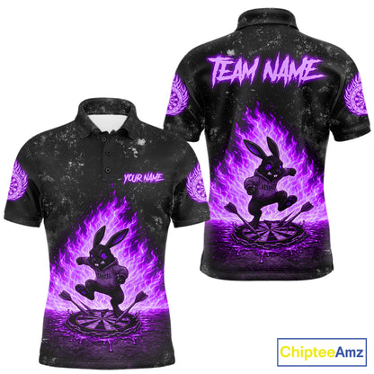Crazy Rabbit Fire Flame Men's Darts Polo Shirt Mockup, Purple Dart League Jersey, Personalized Tournament Shirt