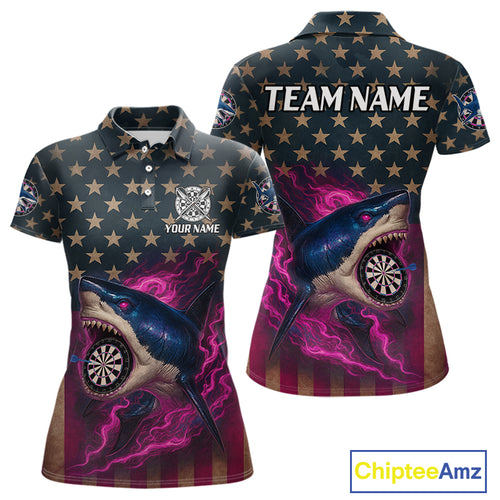 Custom Pink Flames Shark Patriotic Dart Polo Shirt For Women Outfit US Flag Dart Jersey NYN1361