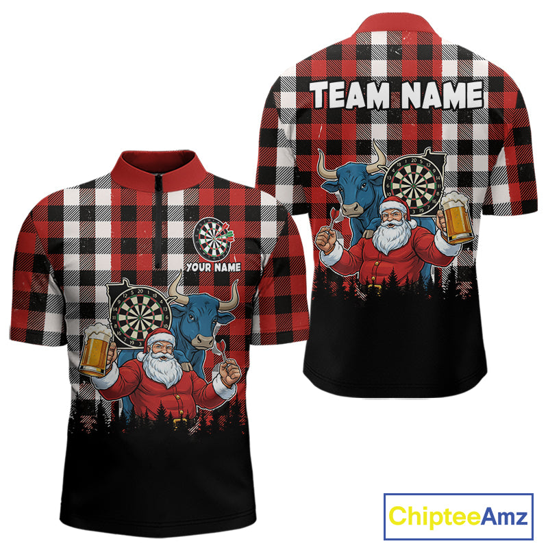 Custom Funny Santa & Bull Beer Dartboard Christmas Men Darts Quarter-Zip Shirt Xmas Dart Jerseys NYN1913