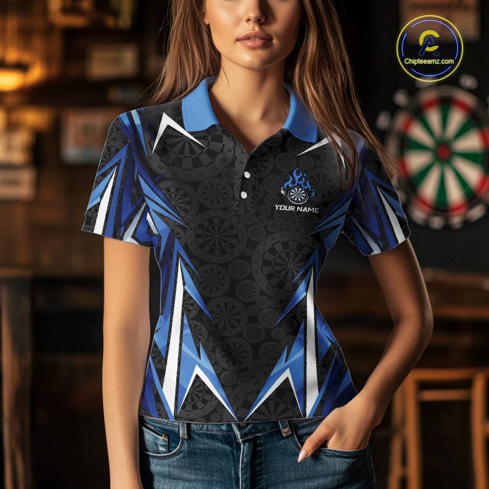 Black And Blue Flames Dartboard Women Darts Polo Shirts Custom Fire Flame Dart Team Jerseys NYN2445