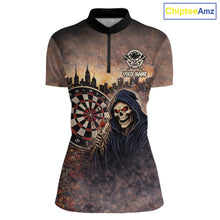 Load image into Gallery viewer, Graffiti Grunge Grim Reaper Red Dartboard Dart 1/4-Zip Shirts For Women Custom Dart Team Shirts NYN2674
