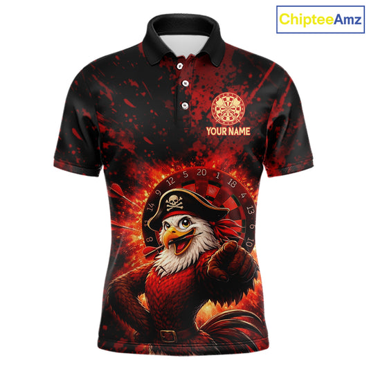Funny Pirate Rooster Men Darts Polo & 1/4-Zip Shirt Personalized Red Splatter Paint Dart Team Jersey NYN3031
