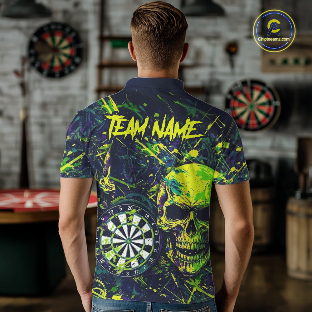 Grunge Blue Green Strike Horror Skull Mens Darts Shirt Personalized Splatter Dart Team Jerseys NYN3202